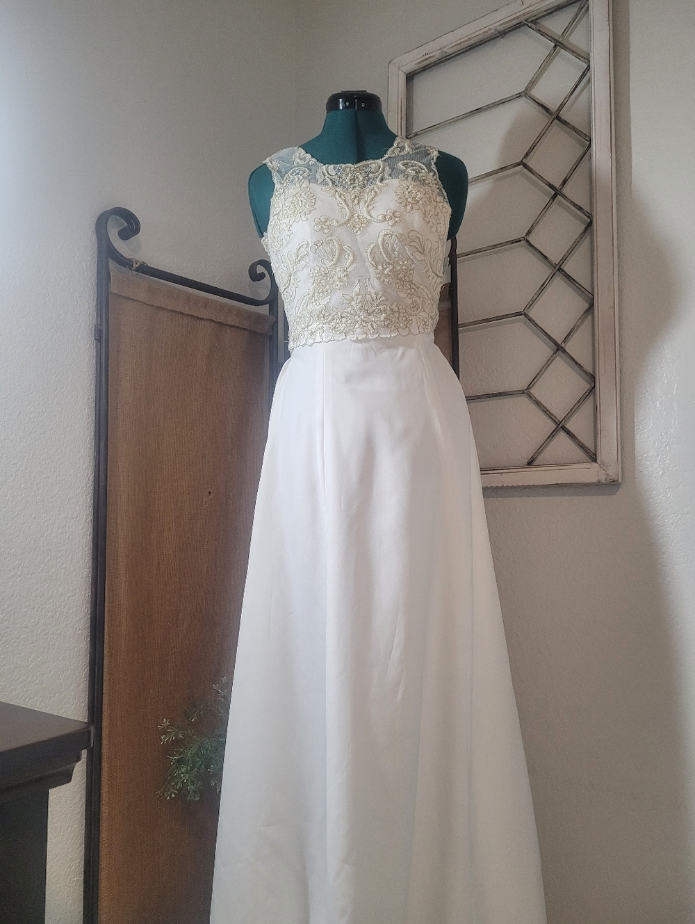 White Lace and Satin A-line  Maxi Formal Cocktail Dress with Gold Beading. NO SZ